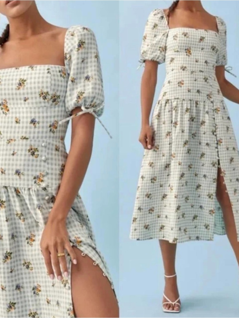 Reformation melody linen blue gingham floral midi dress size 10